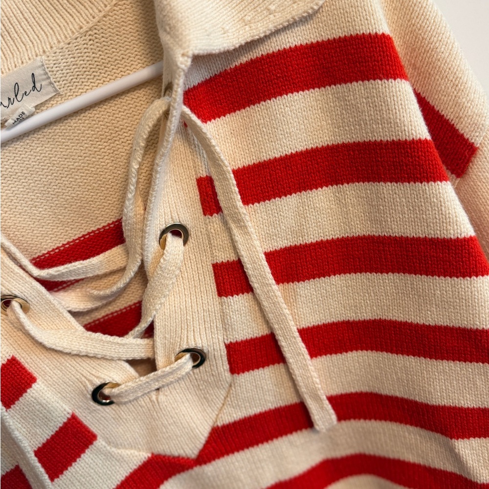 Marled Cream and Red Knit Sweater Tie Front Women Sweater Longer Cropped Length - Picture 4 of 5